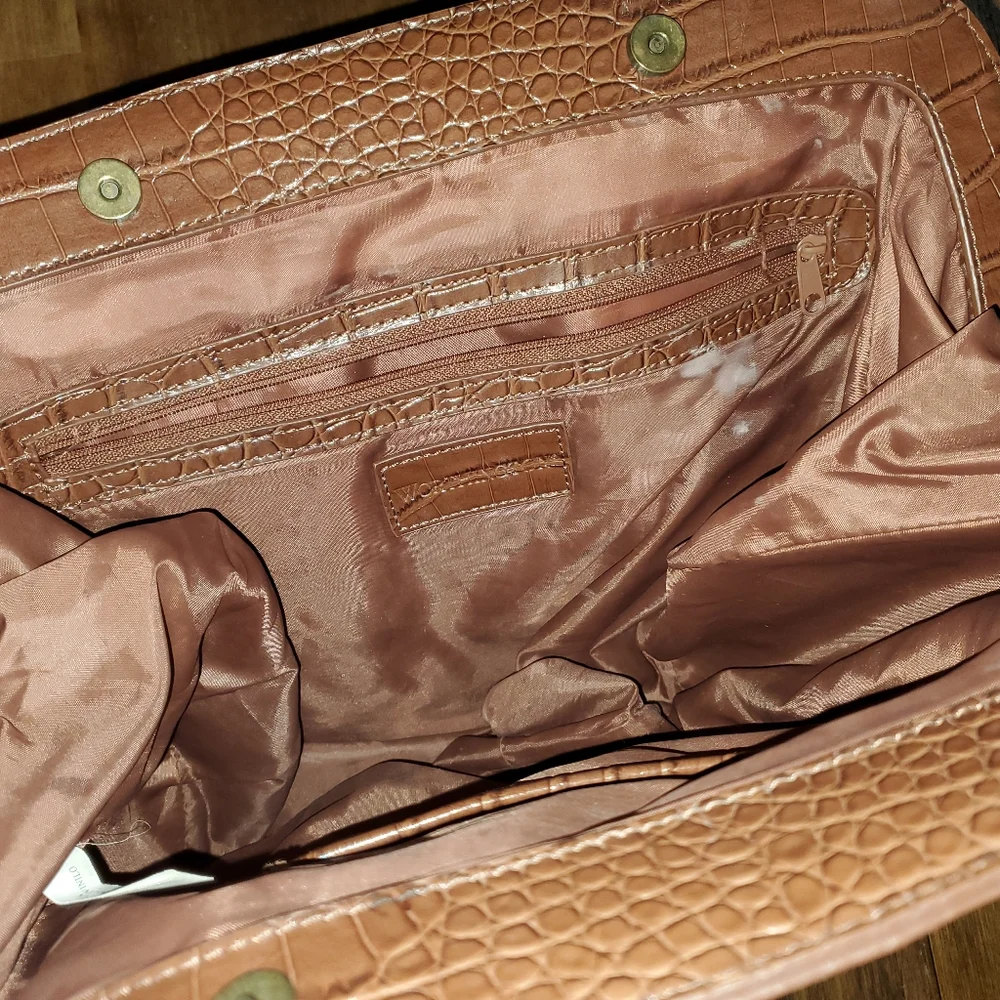Women's Worthington Belted Satchel Handbag Purse Bag - Faux Croc Cognac Brown
